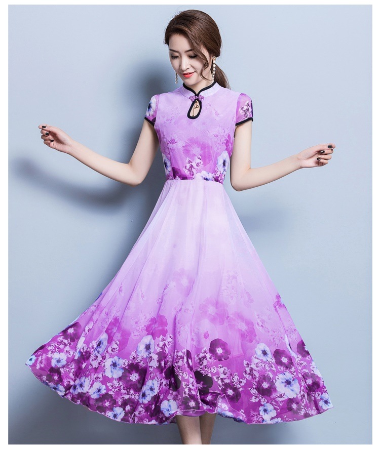 1944.チャイナドレス風花柄ロングドレス（パープル）2019 春夏 sale 春夏 sale ワンピース フレア シースルー 半袖 エレガント お呼ばれ パーティー 結婚式 披露宴 女子会 レストラ