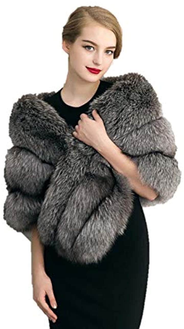 フェイク ファー マフラー フォックス 上品 ゆったり 大判 大きめ フリーサイズ 暖かい ケープ マント ポケット 付き えりしん えもんかけ えもんぬき 刺繍 お直し(グレー)