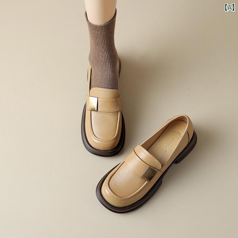 ローファー レディース 通学 通勤 学生 カレッジ 仕事 オフィス 春秋 ラウンドトゥ 牛革 女性 英国 スタイル ミディアム ヒール 太い ヒール アプリコット 深口 シングル シューズ 女性 ソフ