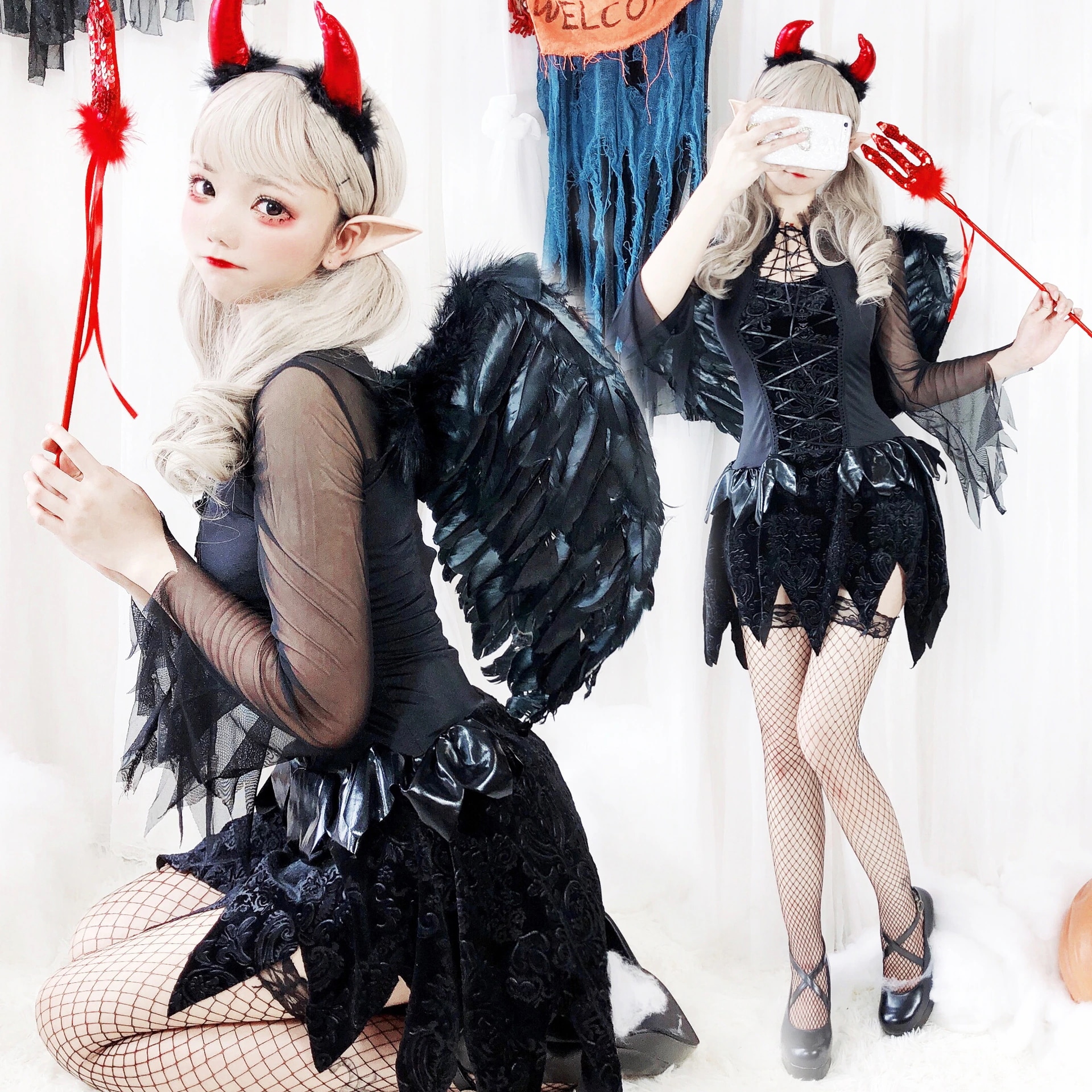 ハロウィンコスチューム 大人女性 天使 悪魔 黒 コスプレ 魔女 吸血鬼 花嫁 パフォーマンスコスチューム