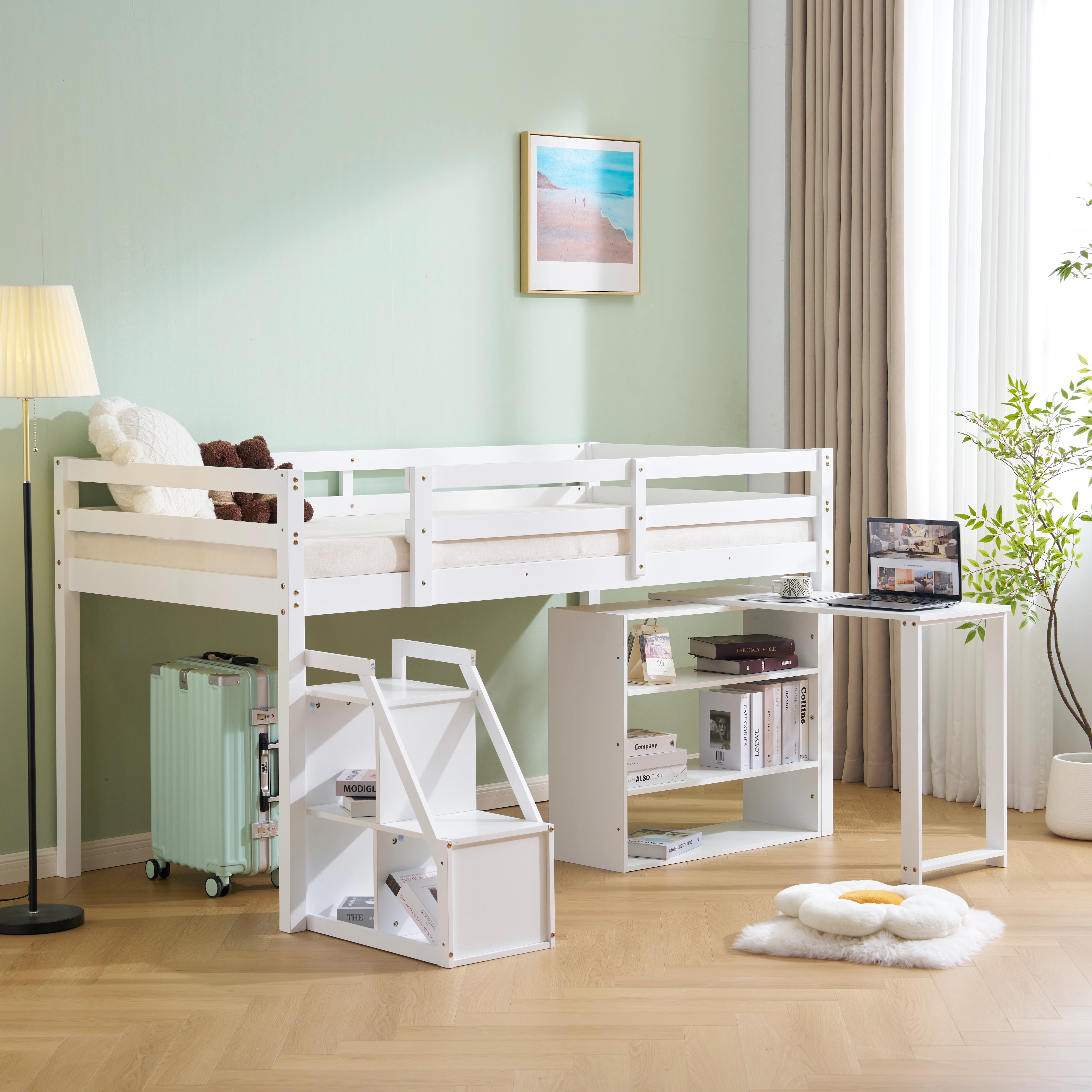 【国内出荷】【新作】システムベッド デスク＋収納ラック＋階段 システムデスクベッド 学習机 ロータイプ 高さ115cm すのこ シングル 本棚 収納 ブックシェルフ ロフトベッド システムベッド 子供