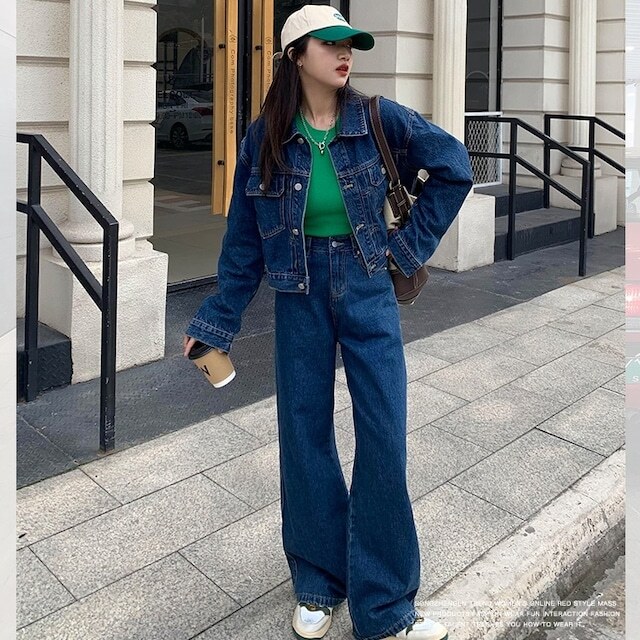 セットアップ レディース デニムジャケット デニムワイドパンツ 上下セット ブルージーンズ 大人可愛い ママコーデ 韓国 オルチャン 人気 トレンド 新作 20代 30代 40代 きれいめ