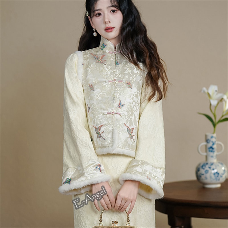 チャイナドレス 冬 ベージュ ロング 長袖 改良チャイナドレス 裏起毛 シェニールレース スタンド