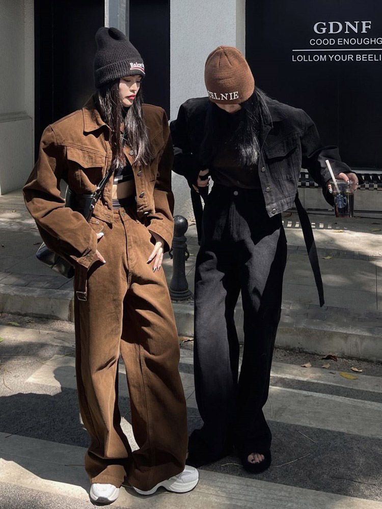 初秋新作デニムスーツ韓国風レトロブラウンショートコートハイウエストゆったりワイドジーンズ2点セット