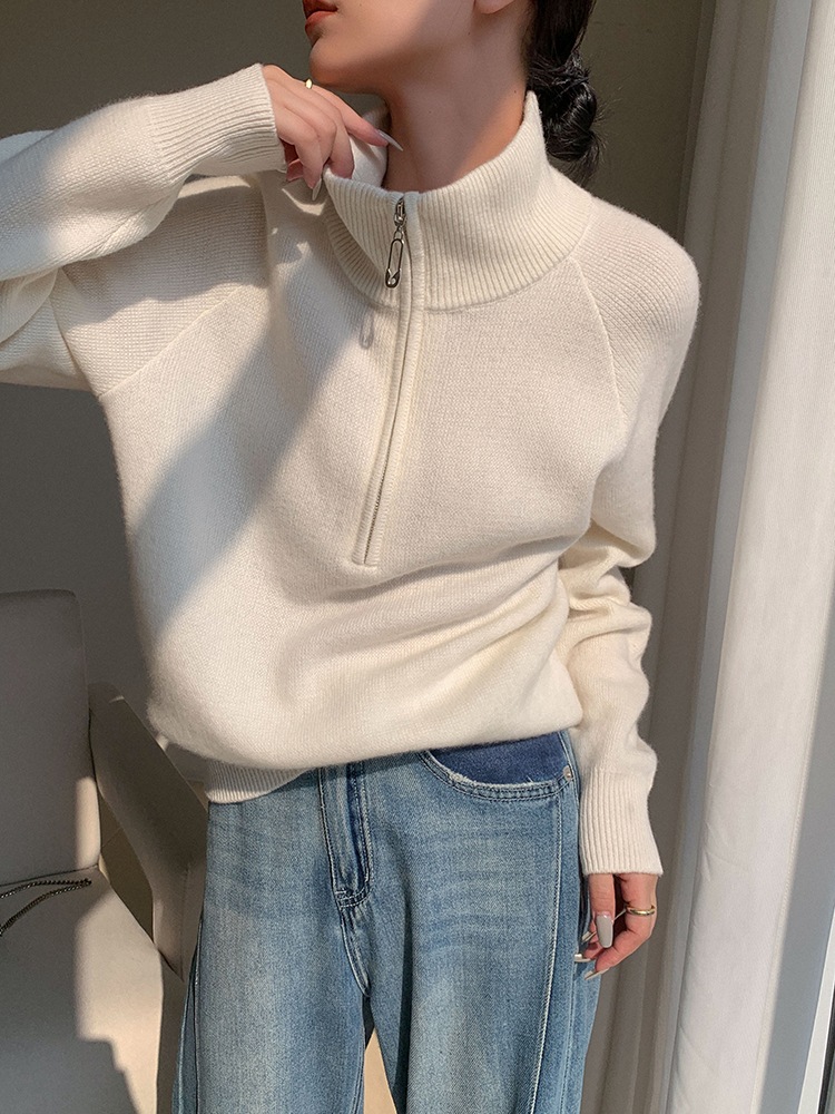 ハーフジッパー セーター レディース 秋 冬 デザイン センス トップス ハイネック ボトムス セーター ホワイト ＳＭＬXL トップス かわいい 大人可愛い きれいめ シンプル カジュアル 大人