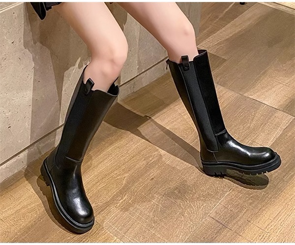 レディース ブーツ ロングブーツ 5cm ミドルヒール フラット ラバーソール ラウンドトゥ 防水加工 バックファスナー レザー 大人可愛い きれいめ シンプル カジュアル 上品 おしゃれ かっこいい