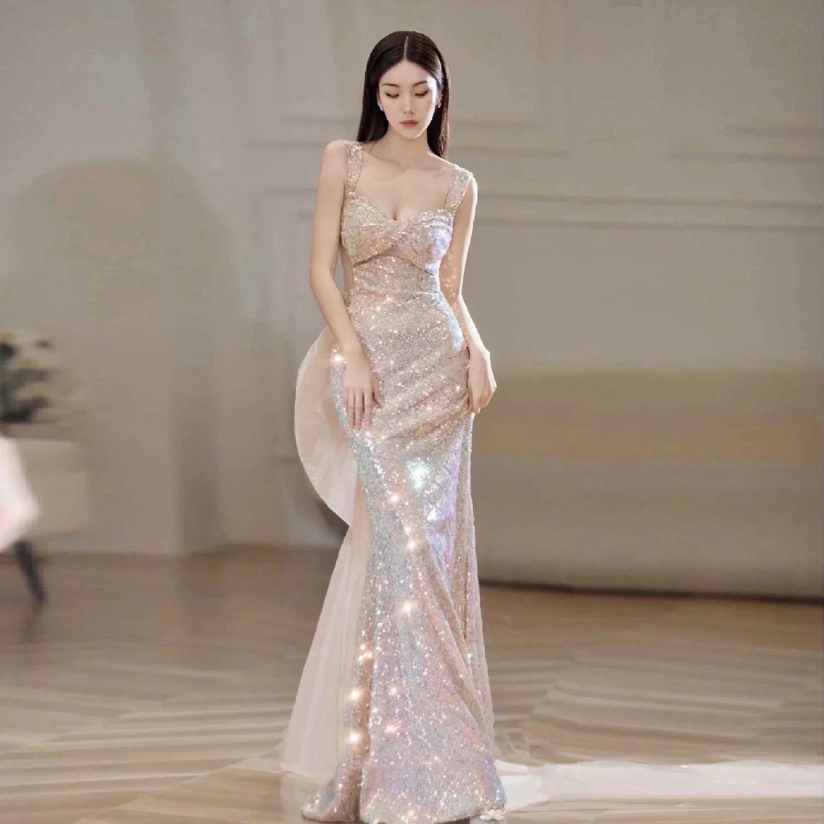 3日出荷 ワンピースドレス 人魚姫 ラメ イブニングドレス フィッシュテール シルエット美しい パーティー 結婚式 お呼ばれドレス 春服 レディース