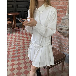 新登場ベルトプリーツシャツワンピ 韓国風デザイン シングルボタン ルーズフィット レディース ワンンピース
