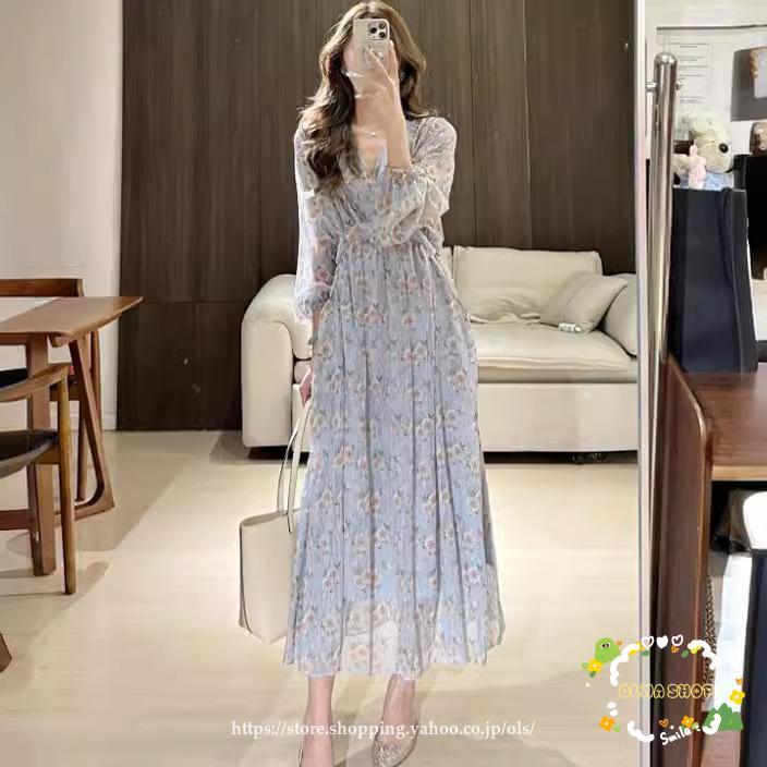 ワンピース レディース マキシワンピース 春夏秋 長袖 シフォンワンピース vネック きれいめ 花柄ワンピースパーティードレス お呼ばれ おしゃれ 通勤
