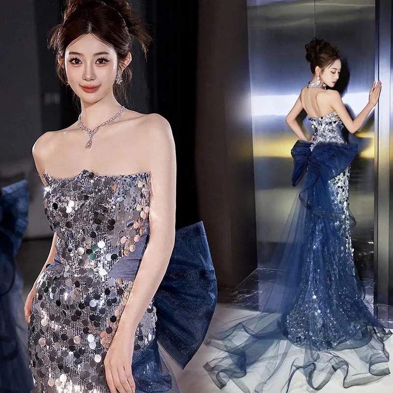 【急速出荷!】シャイニーシルバーウエストフィッシュテールブトップドレス花嫁ウェディングトーストドレス宴会パフォーマンスホストウェディングドレス