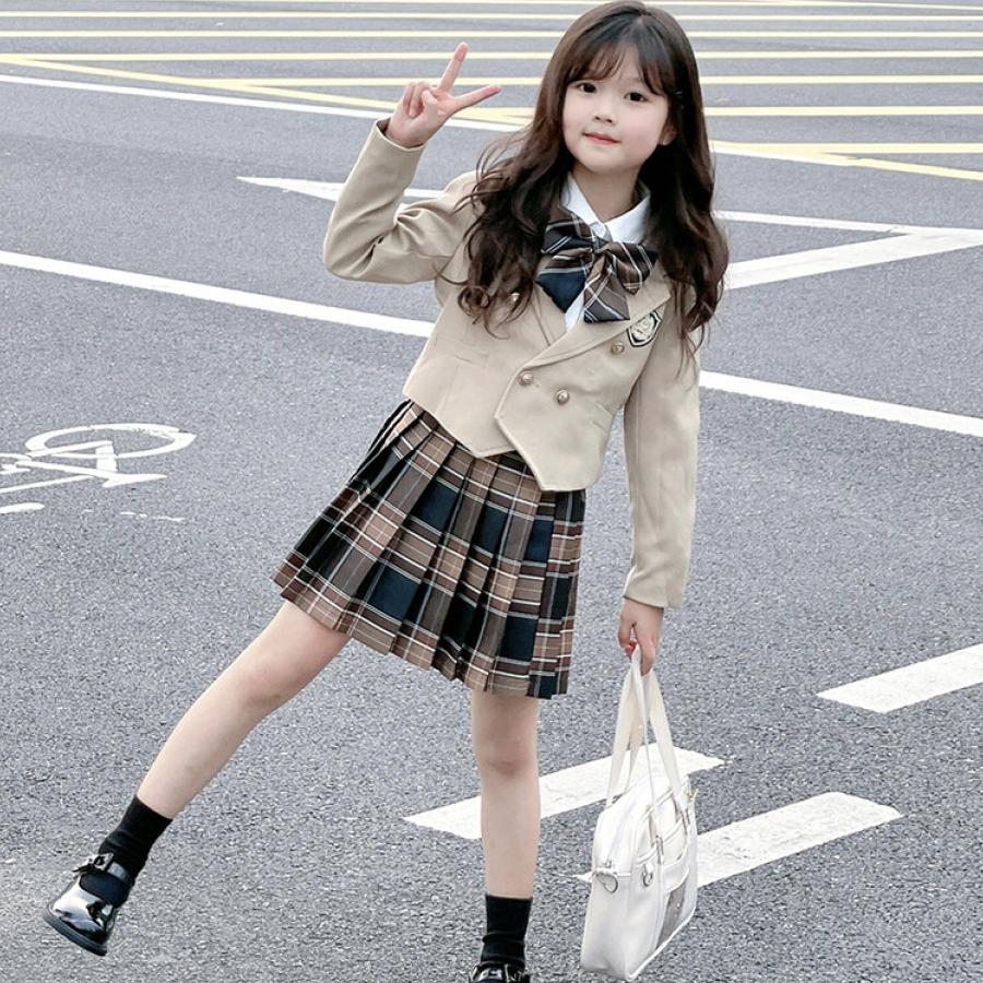 [新品入荷]女の子 入学式 卒業式 スーツ リボン付き お嬢様 セレモニースーツ スカートスーツ 3点セット 発表会 入学式 入園式 カーキ チェック フォーマル キッズ 子供服 5,207円