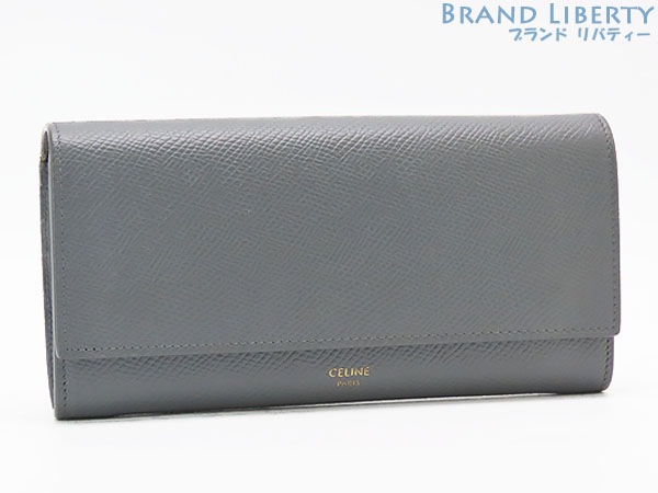 美品セリーヌラージフラップウォレット二つ折り長財布グレーグレインドカーフレザー10B563BEL