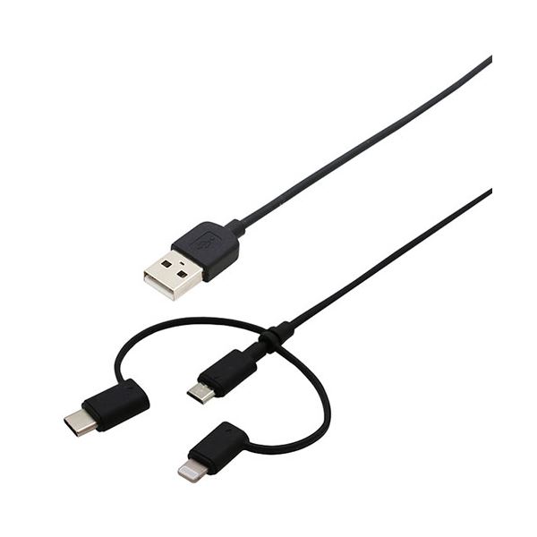 [5個セット]wantobe Type-C＆Lightning変換付 3Wayケーブル 1.0m 黒