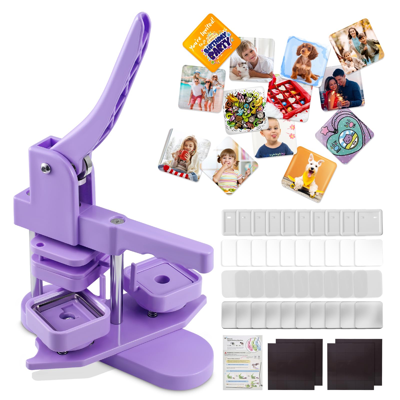 缶バッジメーカー 四角形マグネット缶バッジ製造機 回転式缶バッチマシーン 50*50mm四角形マグネット缶バッヂ 素材100個付き 冷蔵庫飾り DIYグッズ お祭り・応援イベント・入学祝いプレゼント