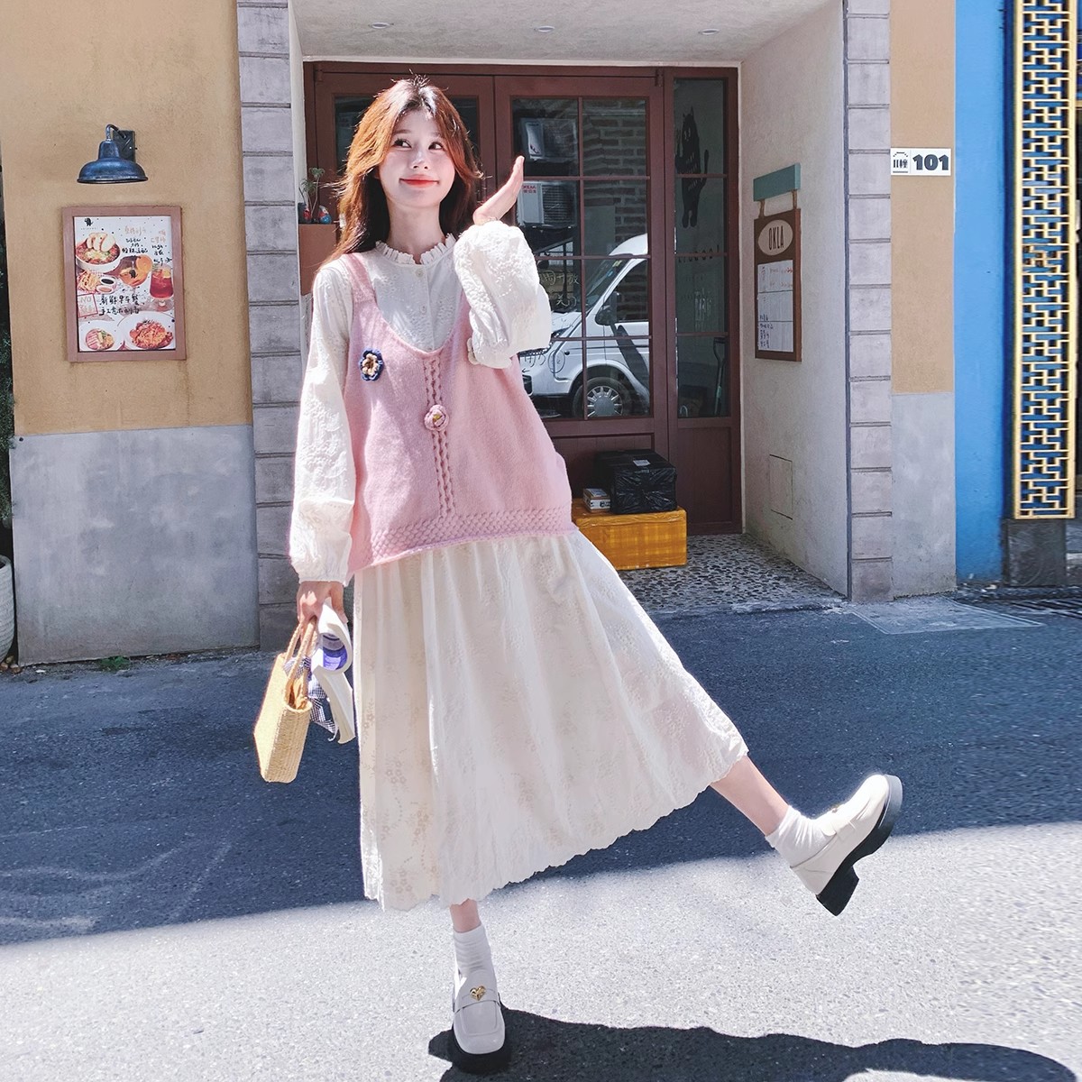 ピンクニットウエストコートツーピース秋の女性2024新しいカレッジスタイル甘い初恋ワンピースツーピースセット 5,322円
