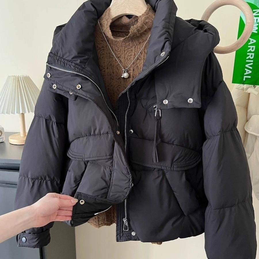 レディースショートダウンジャケット2025冬厚手スリミング小さなスタンドカラーニットパッチワークジャケット通勤スタイル着用