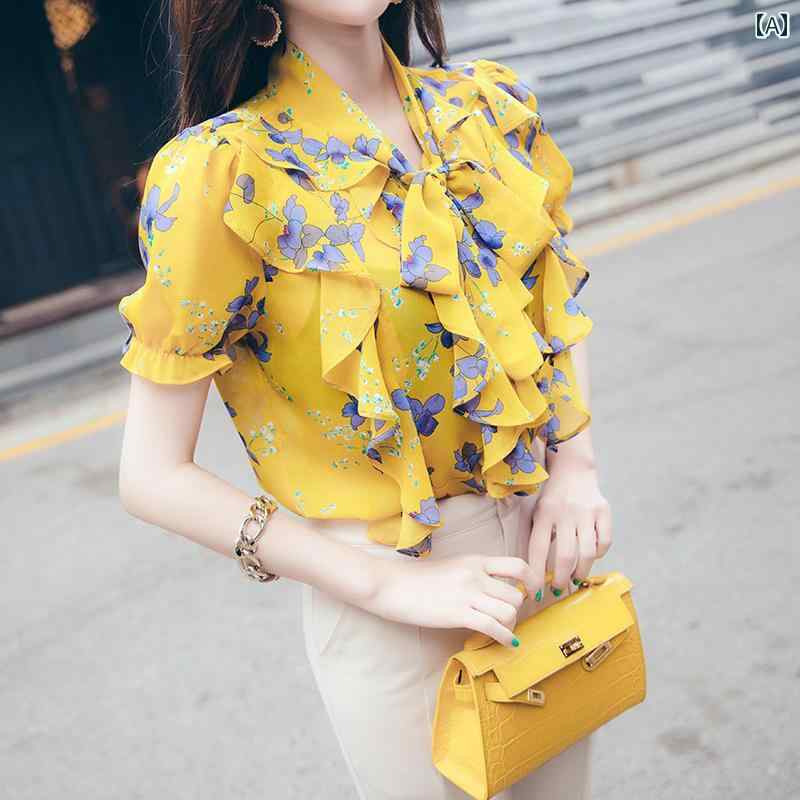 レディース 花柄 シフォン シャツ 魅惑 スリム トップスス 優しい 夏 半袖 シャツ