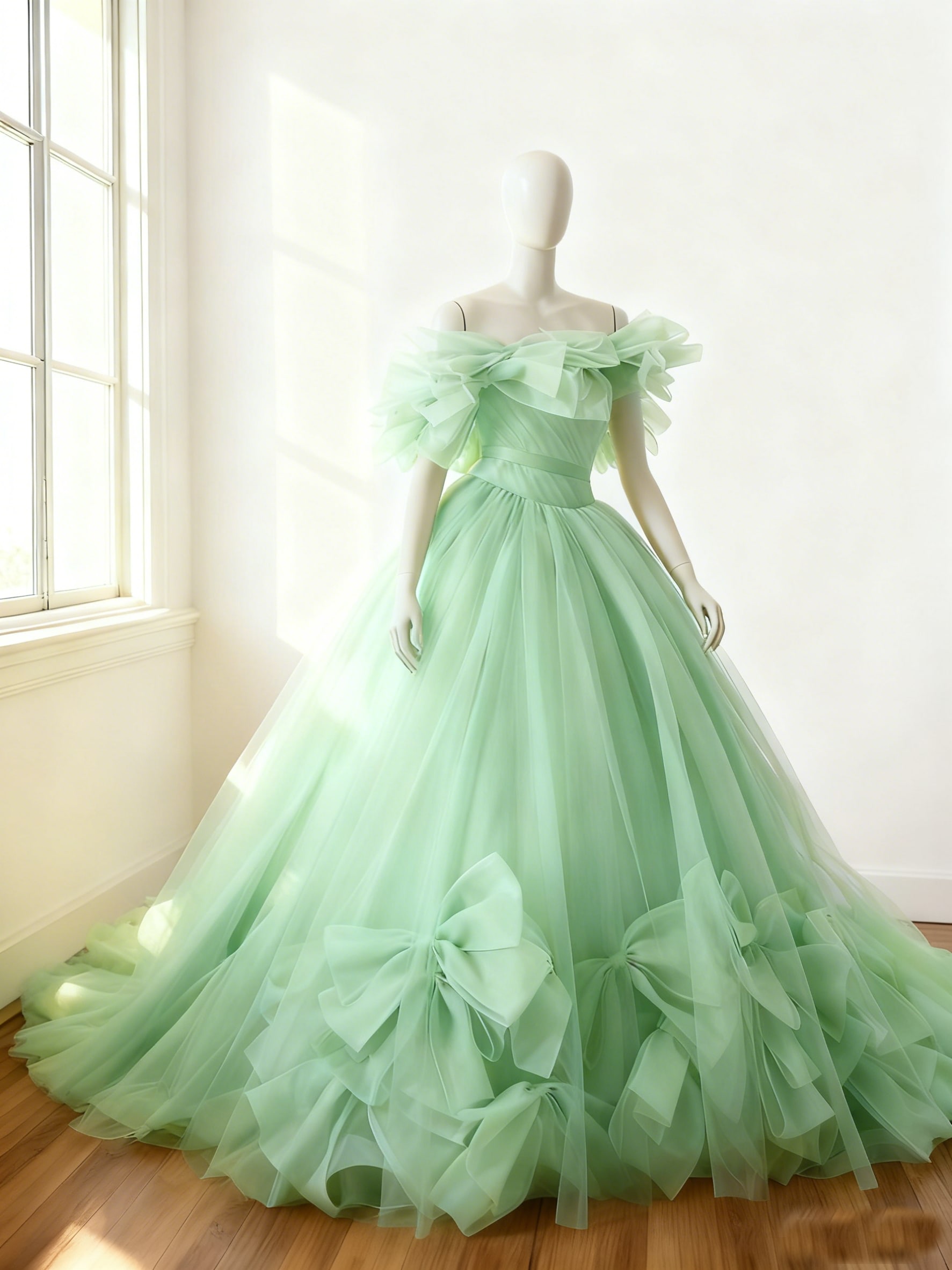 カラードレス グリーン リボン オフショルダー ソフトチュール 目立つ 華やかなトレーン 色直し 結婚式
