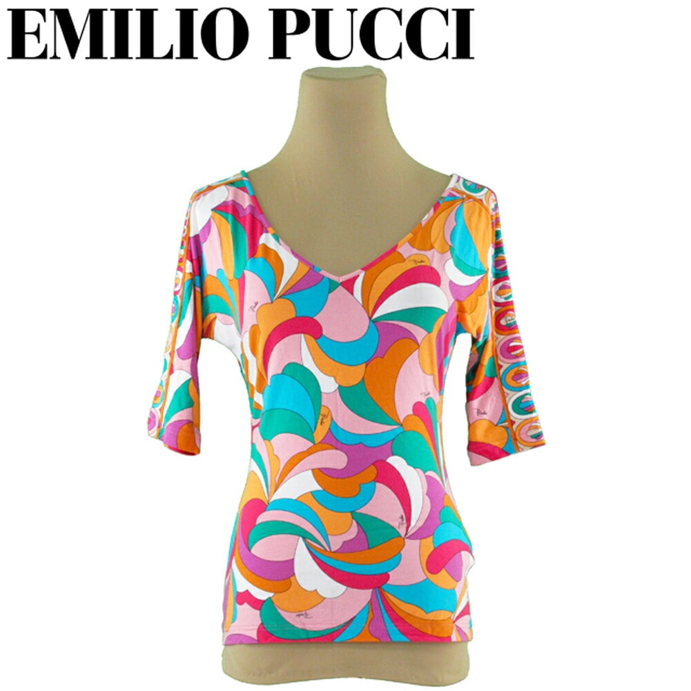 カットソー トップス プッチ（柄） レディース Mサイズ Vネック ピンク オレンジ ブルー系 中古