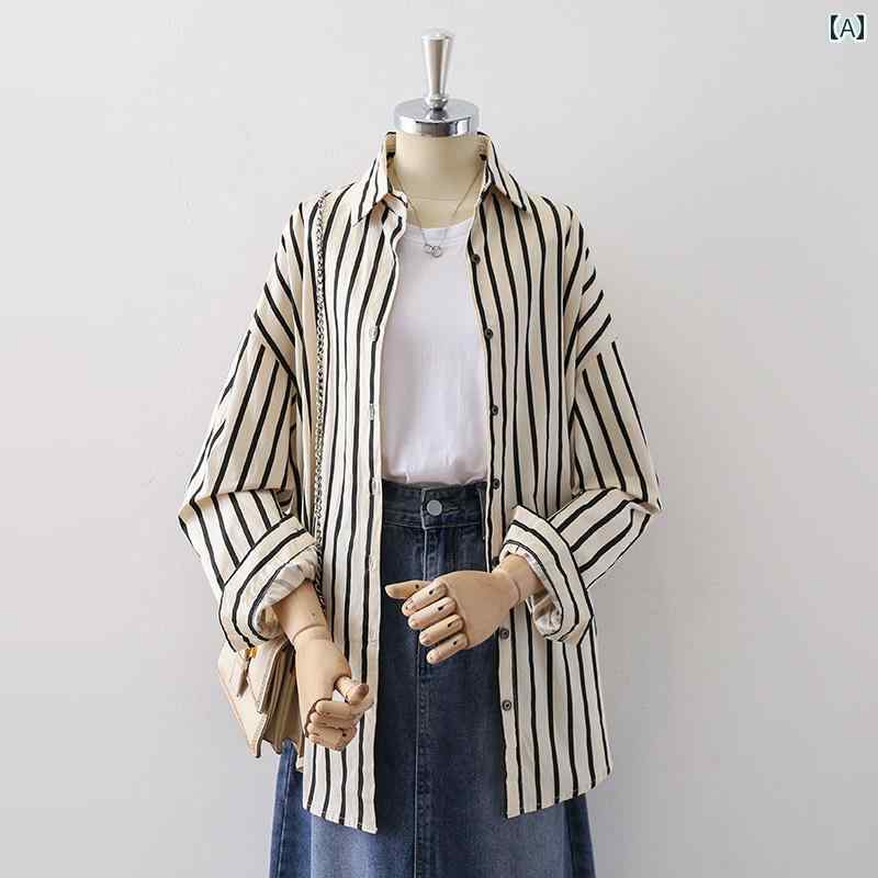 レディース シャツ ブラウス トップス 長袖 アウターシャツ 春秋 縦ストライプ モノクローム モード系 シャツ襟 長め丈 シック カジュアル スタイリッシュ め