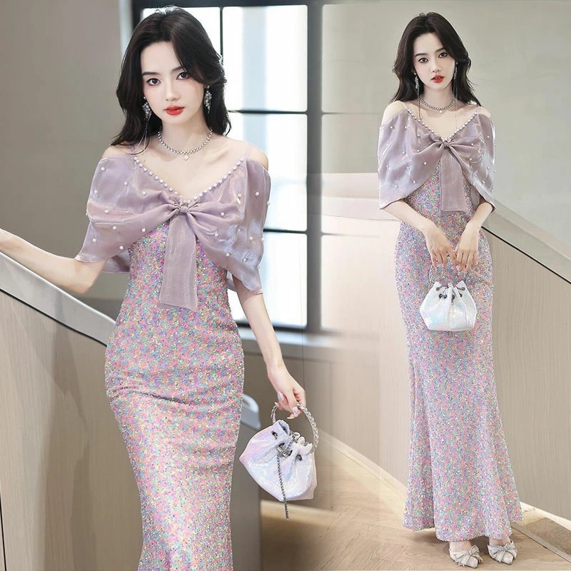 マーメイドドレス イブニングドレス パープル オフショルダー 発表会ドレス ロングドレス 紫色 マーメイドライン キャミドレス Vネック リボン パール 可愛い オシャレ スパンコール パーティードレ