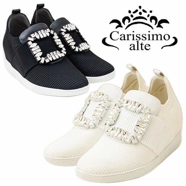 CarissimoAlte カリシモアルテ 4800 レディース ビジュースニーカー 3cmインヒール スクエアバックル ふかふかインソール 脚長効果 スリッポン 伸縮性 キラキラ ウエッジソール