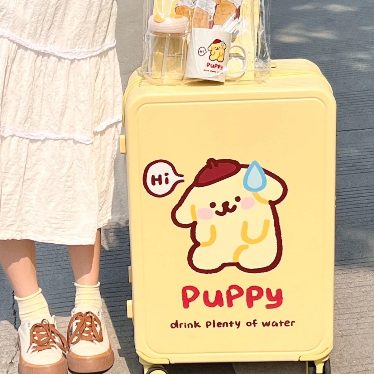 【新作登場】ミルクイエロー子犬スーツケースかわいい学生インミュートユニバーサルホイールトロリーケース 24 インチスーツケース-Q250419-1652