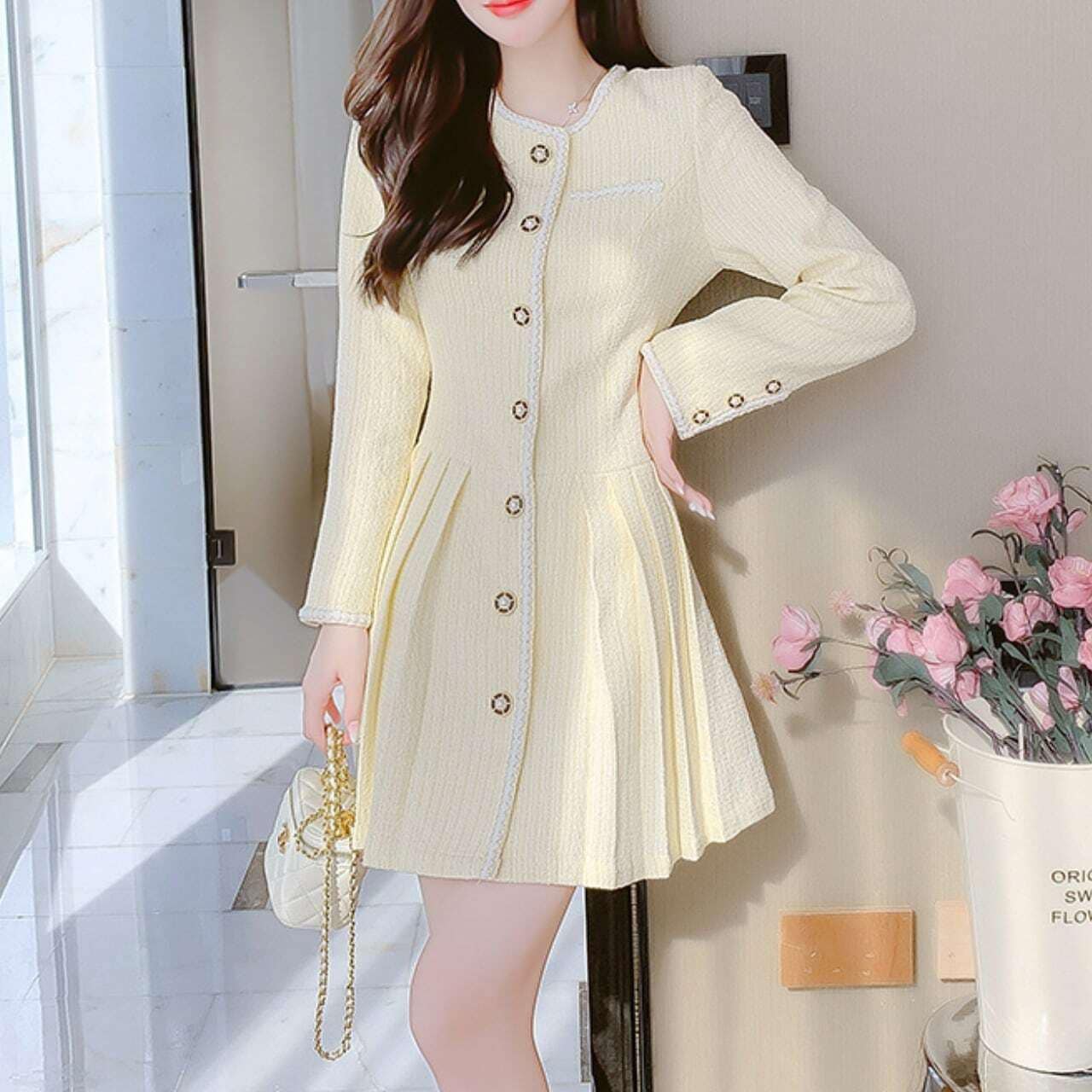 ワンピース レディース エレガント ツイード プリーツ ミニワンピース ラウンドネック 長袖 フォーマル お呼ばれ 清楚 清潔感 大人可愛い ママコーデ 韓国 オルチャン トレンド 新作 20代