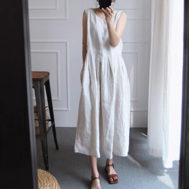レディース スカート ワンピース ロングスカート 袖なし ノースリーブ クルーネック 襟なし ワイド ボタン 薄手 リネン かわいい 大人可愛い きれいめ シンプル カジュアル 上品 おしゃれ レトロ