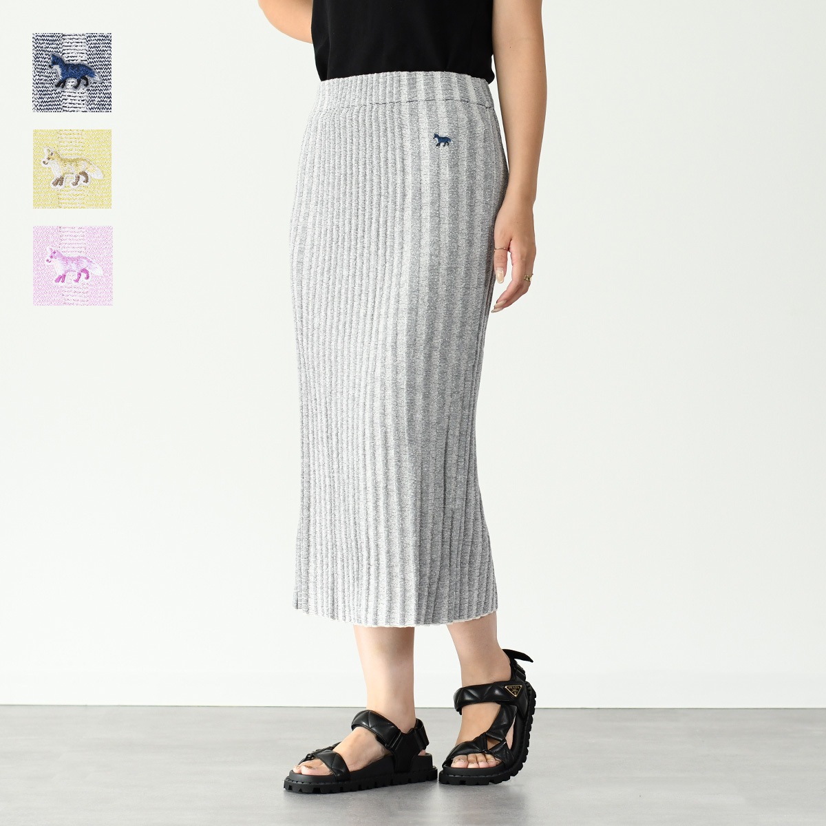 MAISON KITSUNE メゾンキツネ スカート ベイビーフォックス パッチ リブ ミディスカート MW01510 KT1104 レディース タイトスカート リブ 人気 おすすめ