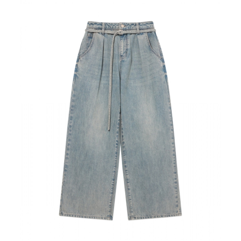COVERNAT 女性用ベルト付きワイドデニムパンツライトブルー