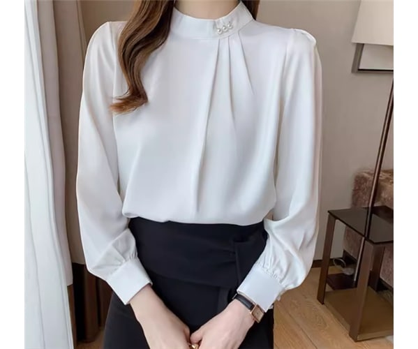 レディース トップス シャツ プルオーバー ミドル丈 長袖 ラウンドネック スタンドカラー フェミニン シフォン サテン かわいい 大人可愛い きれいめ シンプル 上品 おしゃれ かっこいい こなれ感 4,932円