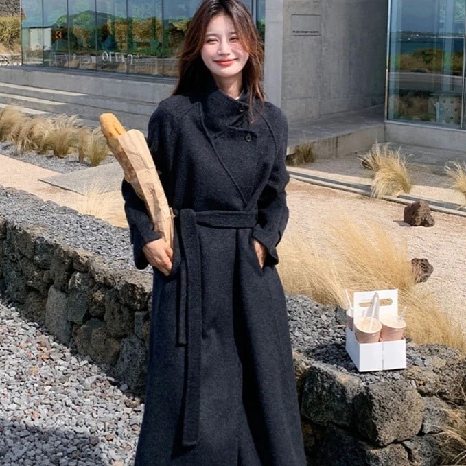 両面カシミアコート レディース ミディアムロング シングルボタン ベルト付き 無地 両面ウールコート