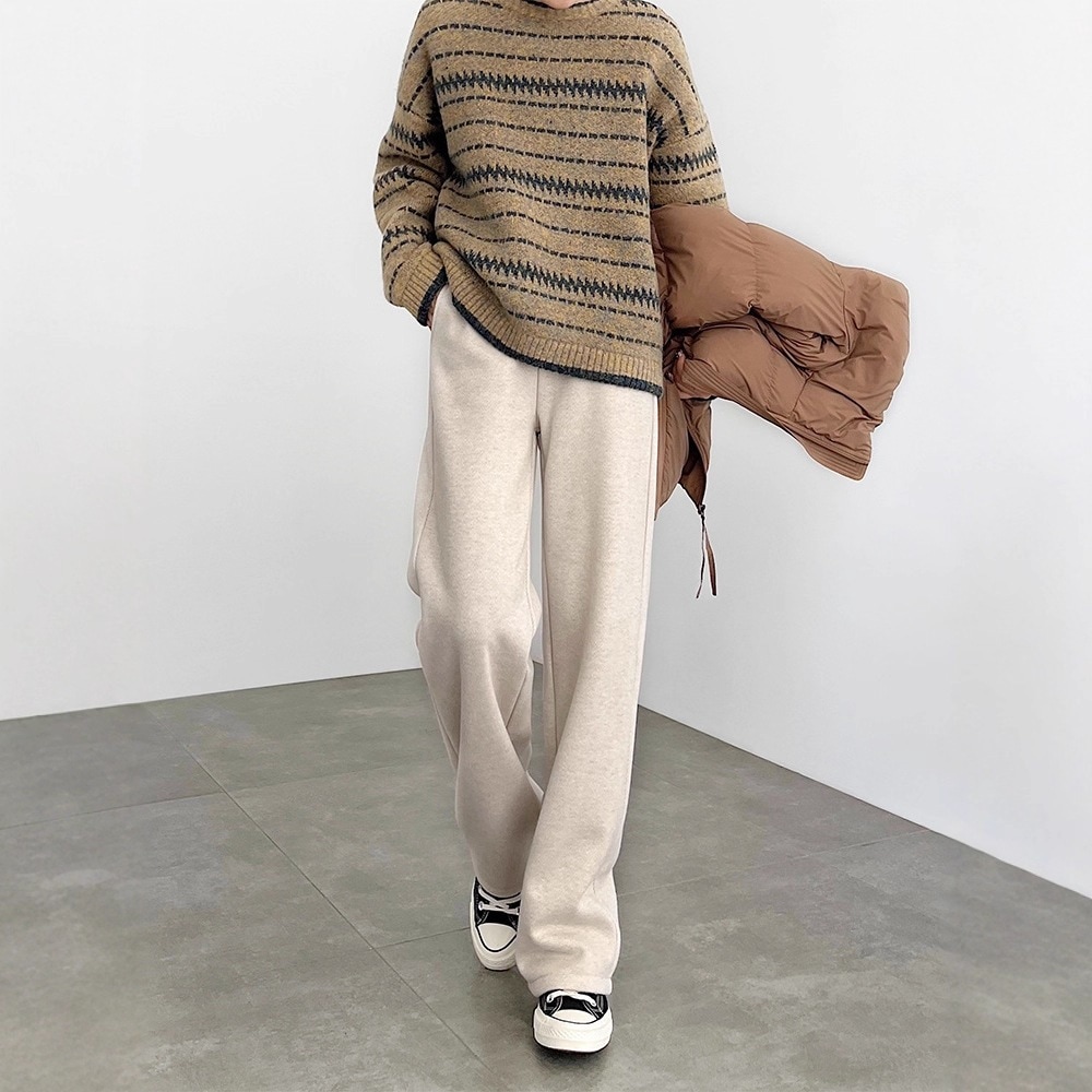 ヘリンボーン柄の厚手のフリース裏地付きレディース2025年冬新作ハイウエスト細身ストレートレッグプチウールワイドレッグパンツ