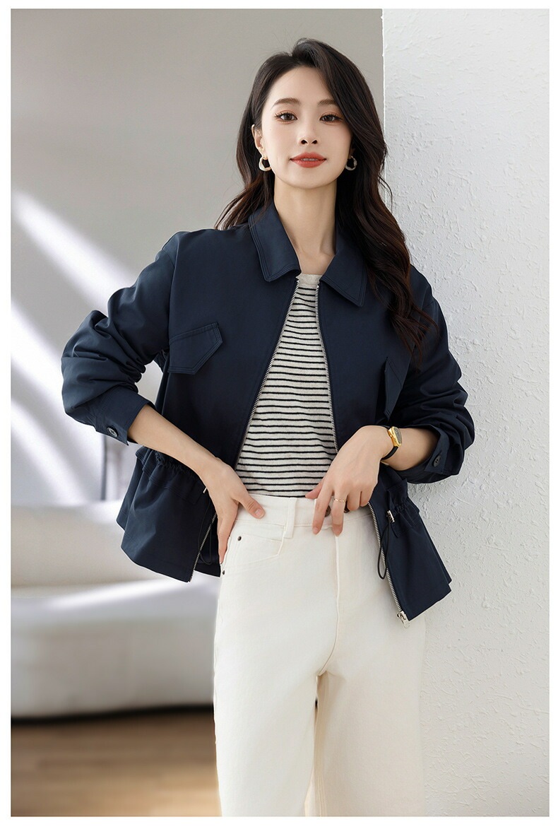 春秋物レディースジャケットコートトレンチコートファッションアウター スプリングコート テロンチショート丈 体型カバー 20代 30代 通勤ダッフルコート モッズコートコットンネイビー 40代