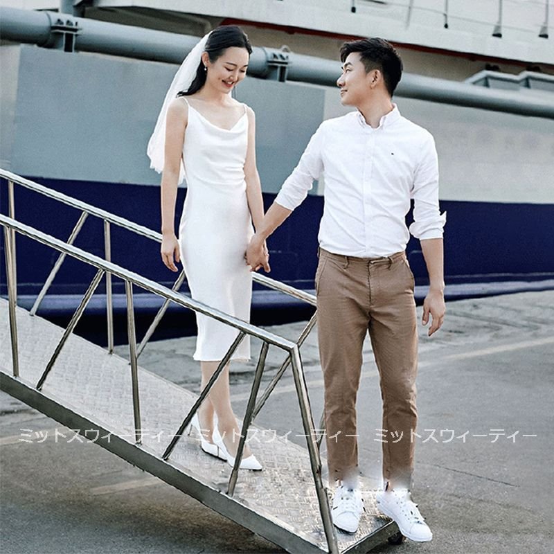 ウエディングドレス キャミソール ミディアム丈 白 シンプル 結婚式 スレンダードレス 二次会 ロングドレス 花嫁 ブライダル 大きいサイズ パーティードレス