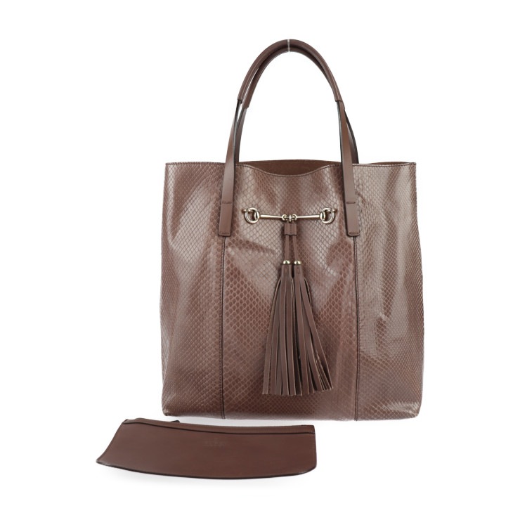 GUCCI グッチ トートバッグ 297006 ホースビット パイソン レザー パープルブラウン系 ゴールド金具 ショルダーバッグ タッセル フリンジ ポーチ付き【本物保証】