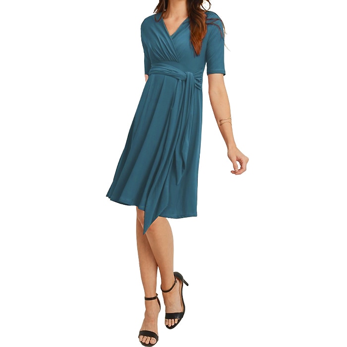 ワンピース 膝丈 5分袖 Vネック カシュクール LAインポート 無地 ハイウエストリボン S.M.L.XL ティール FROM USA HM240701LA039