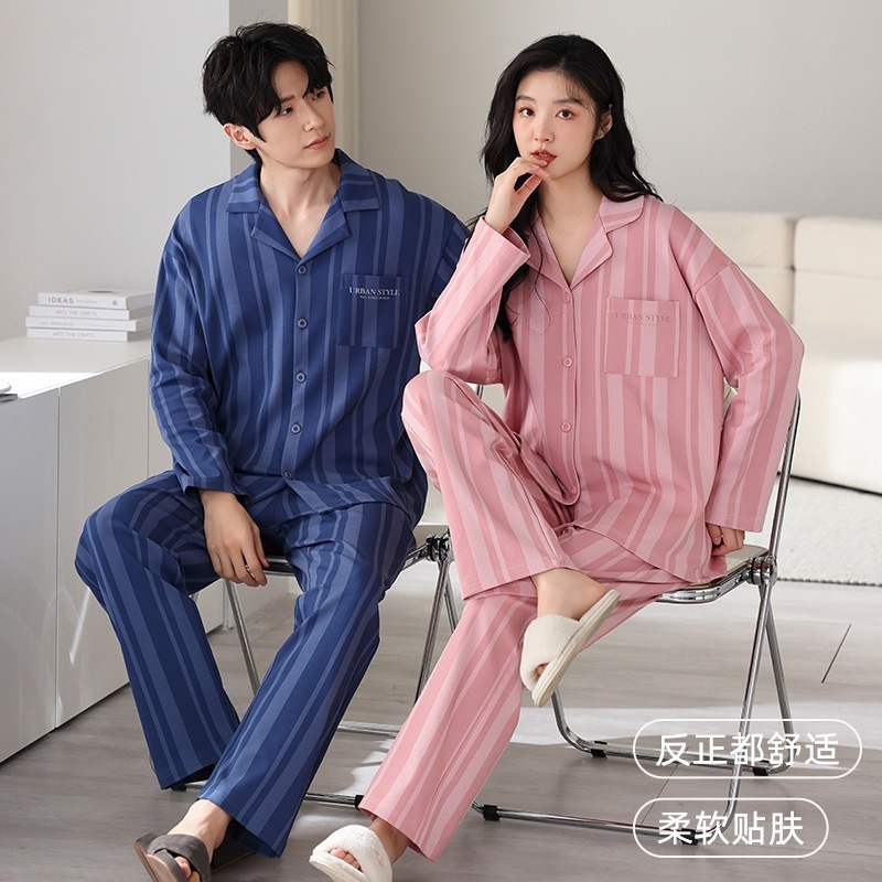 100%コットン カップルパジャマ レディース 春秋 長袖セット2025年新作 ピンクセット メンズ コットン ホームウェア