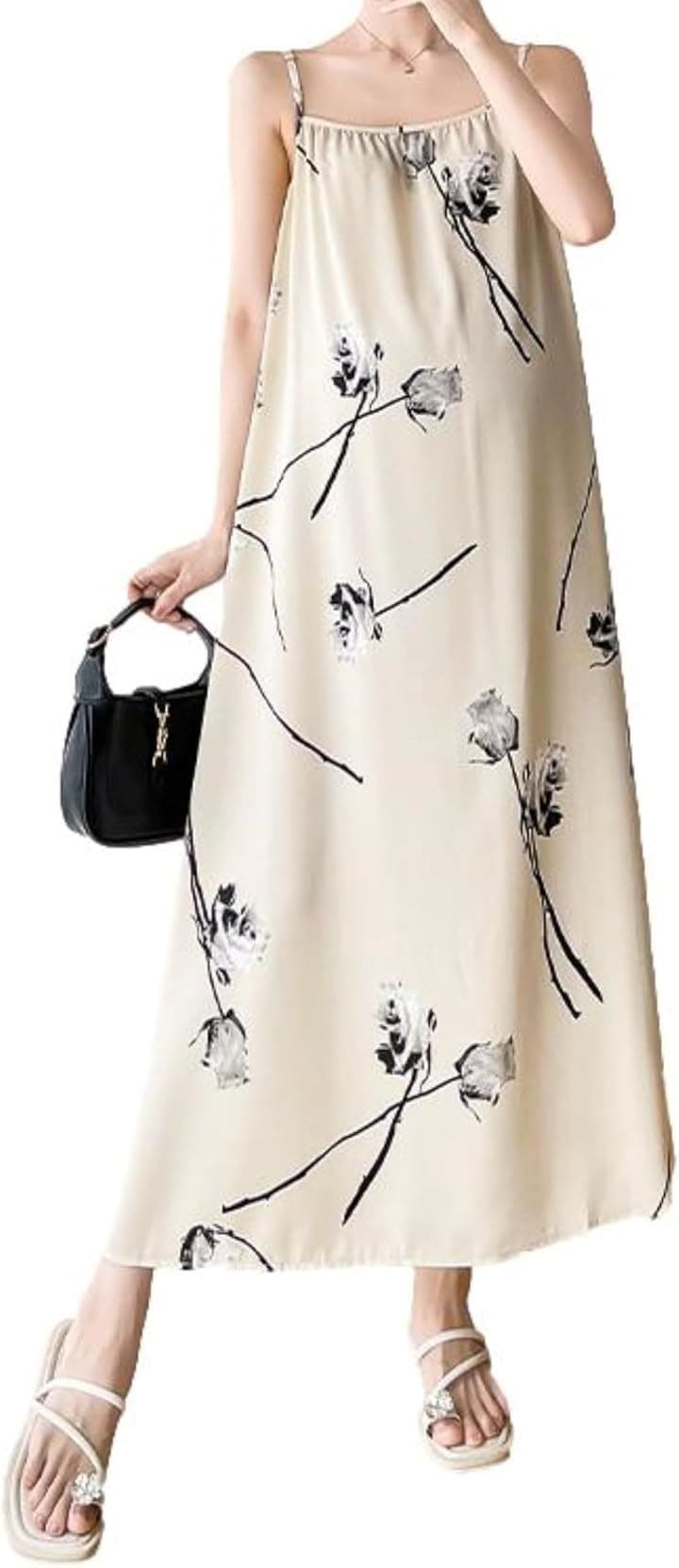 ワンピース レディース ロング キャミソール フラワープリント Aライン 裏地付 リゾート ゆったり 柄ワンピ 大人かわいい 楽ちん おしゃれ コンサバ 高見え 花柄(ベージュ, S)
