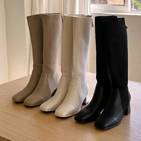 ロングブーツ ニットブーツ 天然牛革 バックジップ スクエアトゥ レディース チャンキーヒール 太ヒール 黒 ブラック ベージュ アイボリー 靴 婦人靴 韓国
