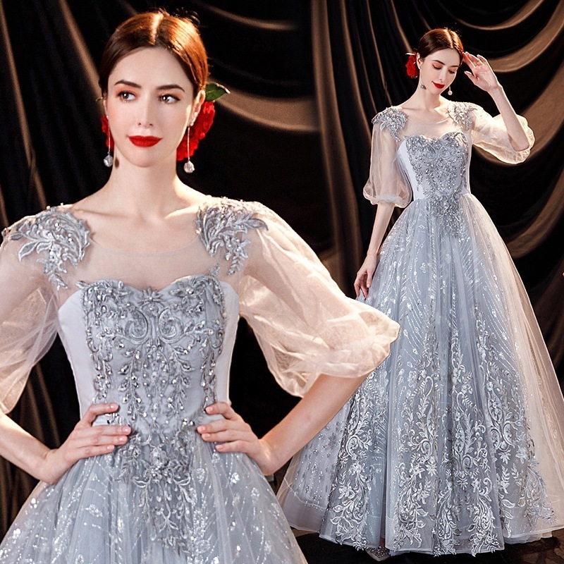 スモークグレーイブニングドレス長袖2025ピアノ演奏ホストパフォーマンスウェディングドレス夏