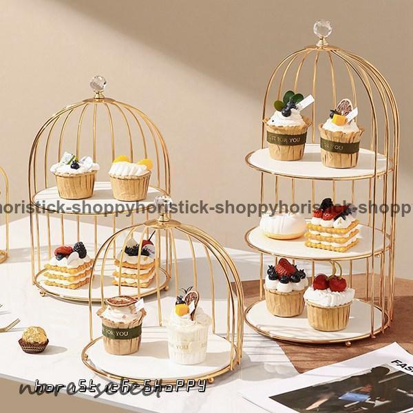 2026年ケーキスタンド 鳥ケージ型 セラミック 金属 カップケーキスタンド 2段フルーツプレート デザート展示台 多層 お菓子 おしゃれ