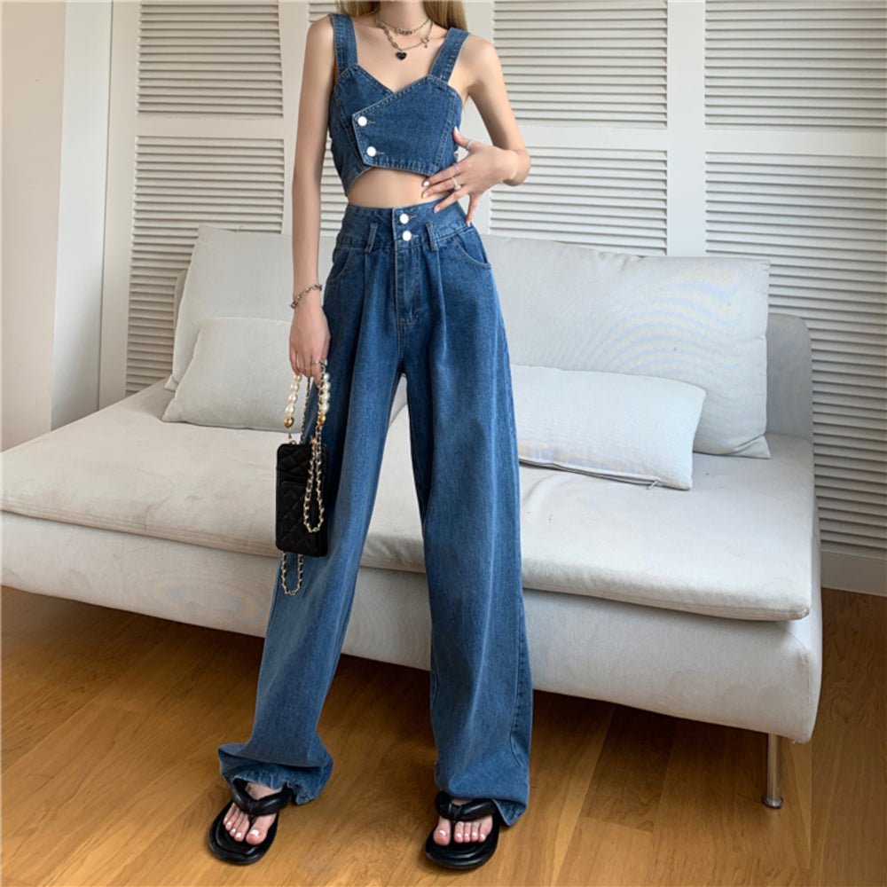 ハイウエストウォッシュドダークデニムセットアップ