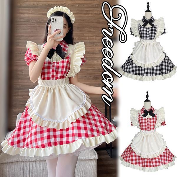 メイド コスプレ コスチューム 衣装 エプロン メイド服 メイドカフェ アキバ ゴスロリ ロリータ アイドル 萌え ステージ 制服 ハロウィン インスタ 撮影 可愛いチェック系！カチューシャ付きチェ