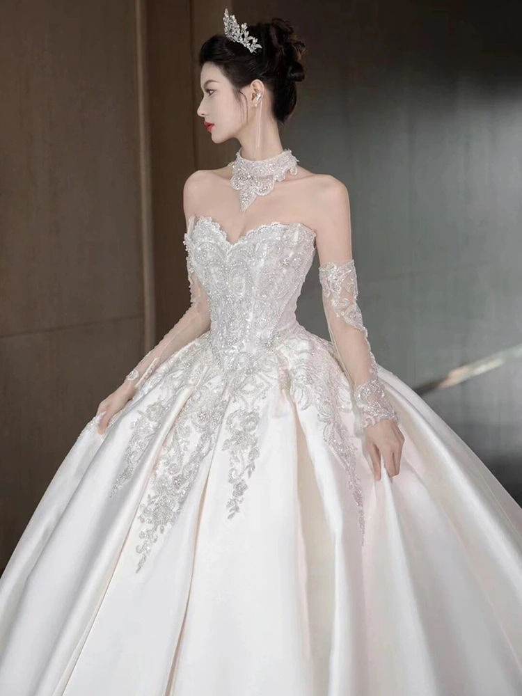 サテンのウェディングドレス2025メインヤーンハイエンドテクスチャドレスチューブトップ外出ライトヤーン小さいサイズ妊娠