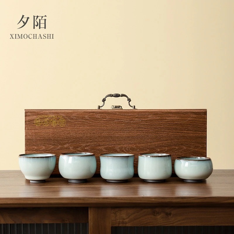 官窯五行カップ 鉄茶碗 茶碗セット ギフトボックス 茶器 茶托 茶杯 お父さん 誕生日プレゼント