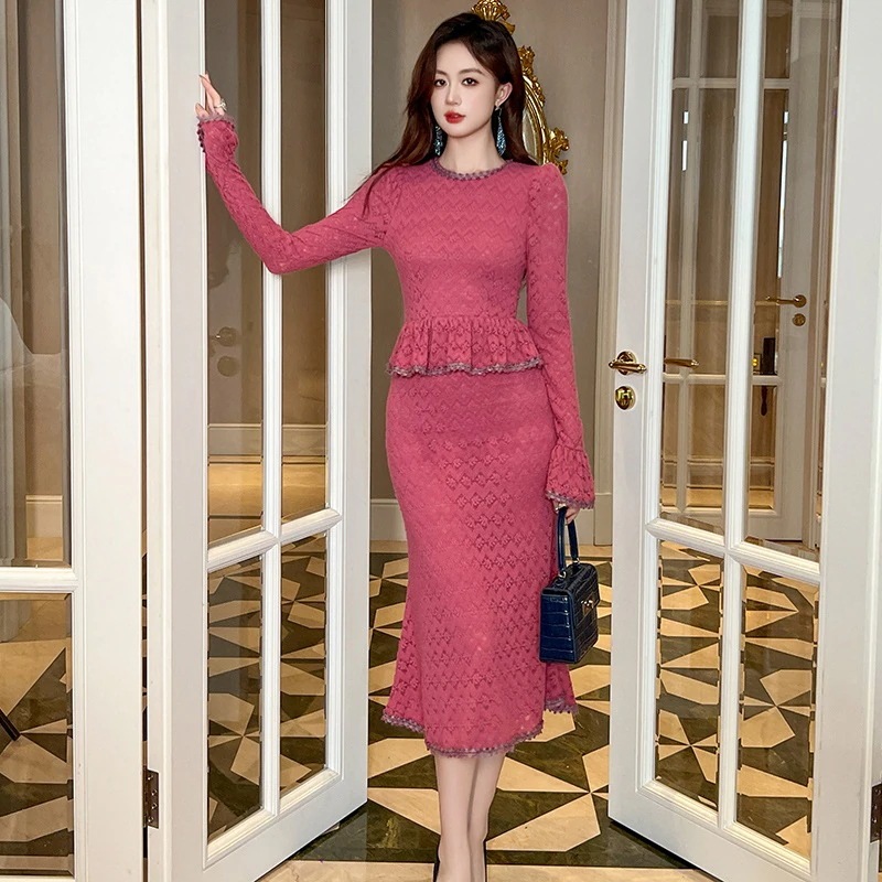 秋冬 ファッション長袖 ドレス 上下ドッキング レース ローズ キャバ 卒業式 結婚式 ウェディング 二次会 パーティードレス ワンピース