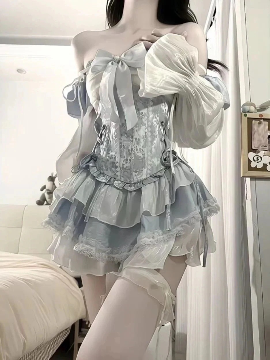 【急速出荷!】大人気アメリカンハロウィンロリータ ロリータ ブルー 刺繍 ストラップレス パフワンピース2点セット コスプレ コスム ワンピース