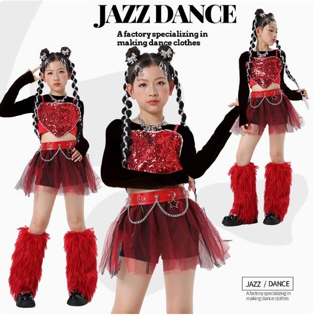 子供ダンス衣装 スパンコールベスト ハート型 チュールスカート 可愛いベスト 黒シャツ 女の子ジャズダンス衣装 ヒップホップ ダンス衣装 エレガント 競技着 おしゃれダンス衣装 ダンス教